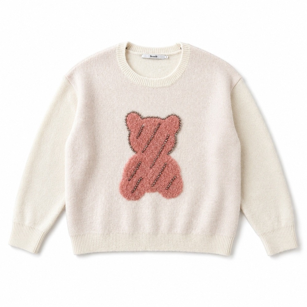 b+ab Womens Teddy Bear Rhinestone Colorblock Sweater Cream Pink Size XS